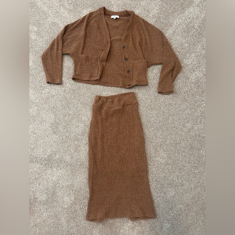 fitted skirt with matching cardigan